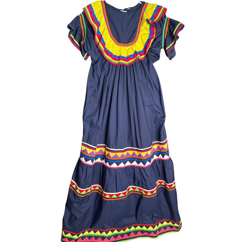 Vintage 70s Navy Blue Folklorico Maxi Dress Nagua Rickrack Ruffle M